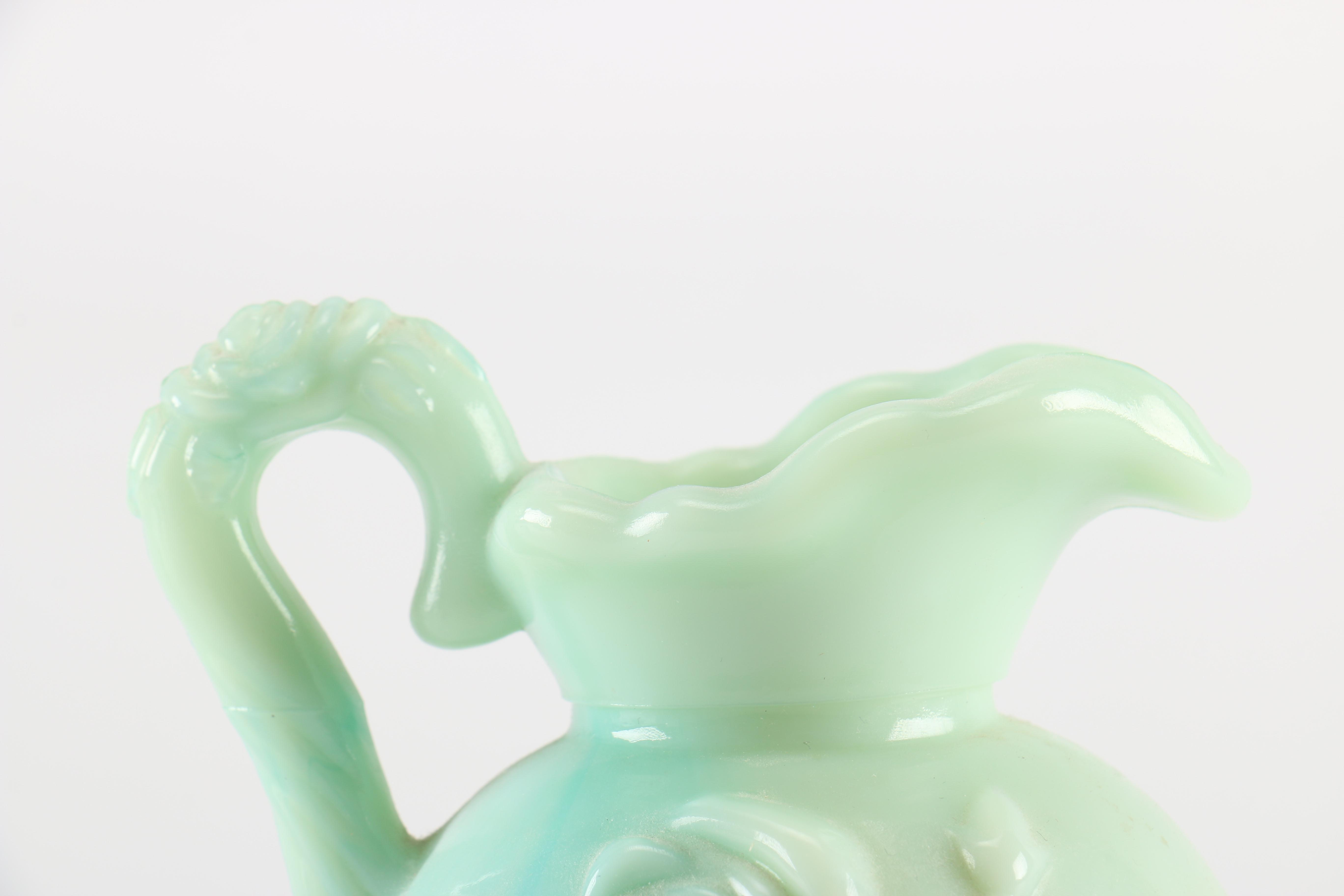 Circa 1970s Avon Moonwind Foaming Bath Oil Jadeite Glass Pitcher and Bowl