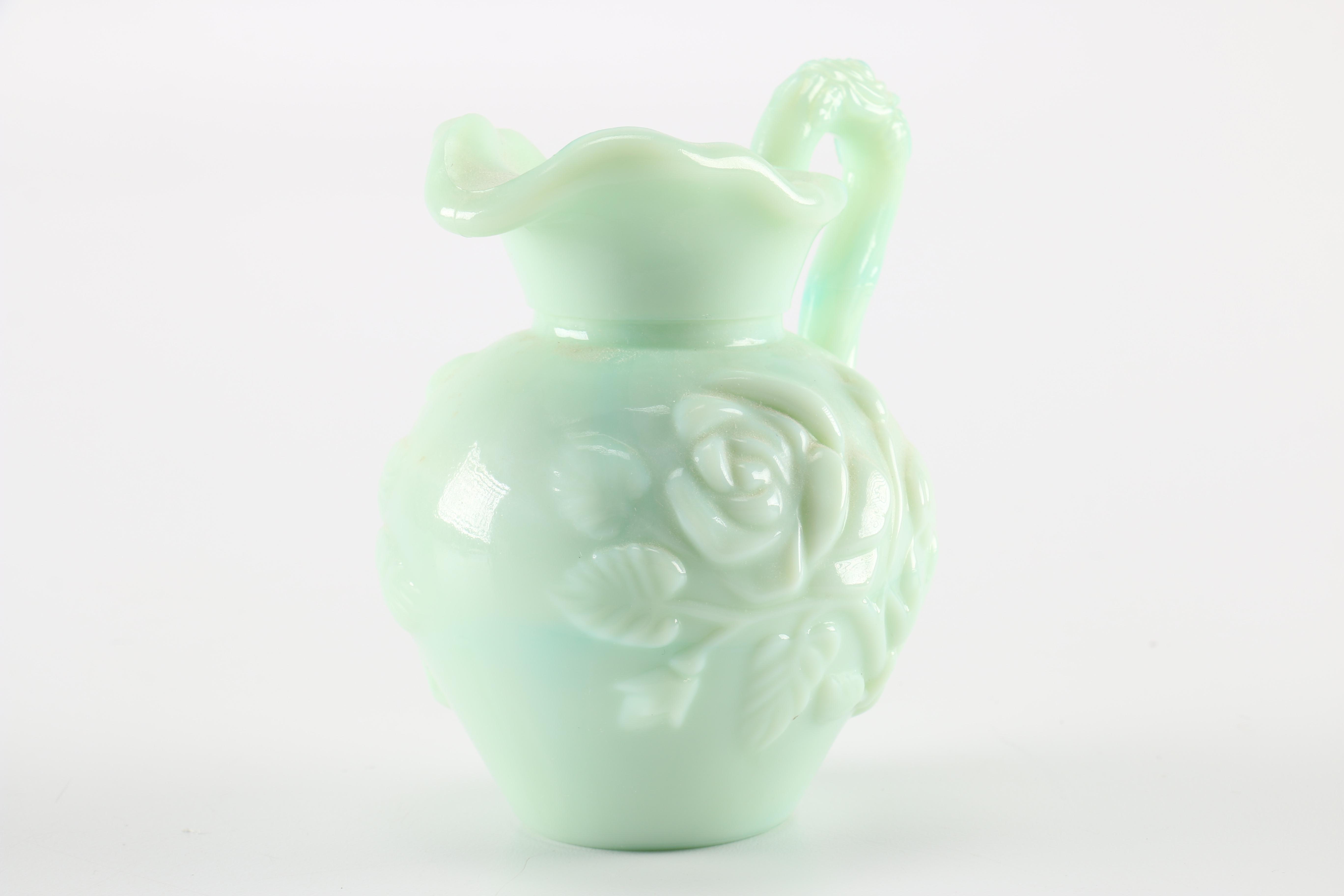 Circa 1970s Avon Moonwind Foaming Bath Oil Jadeite Glass Pitcher and Bowl