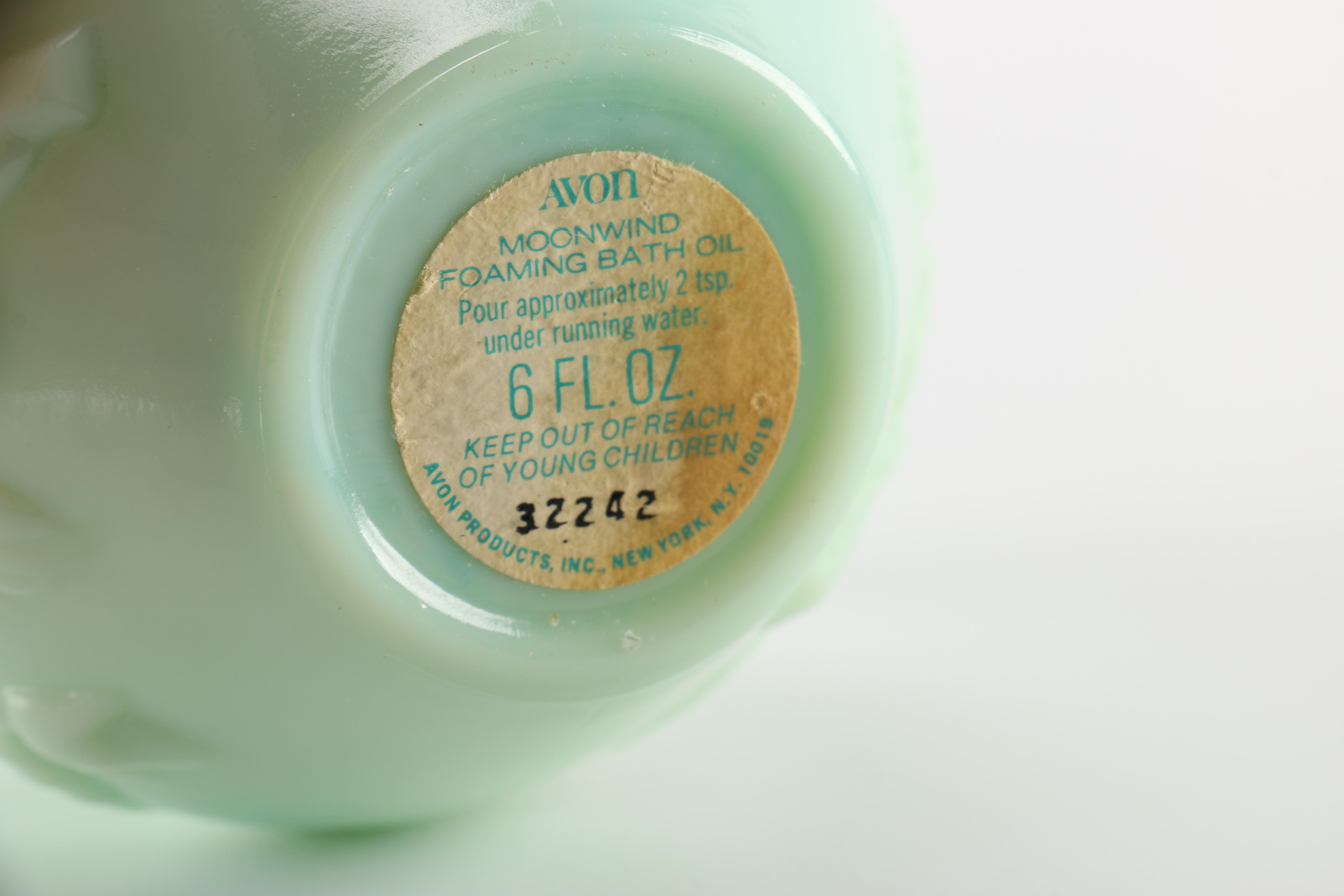 Circa 1970s Avon Moonwind Foaming Bath Oil Jadeite Glass Pitcher and Bowl