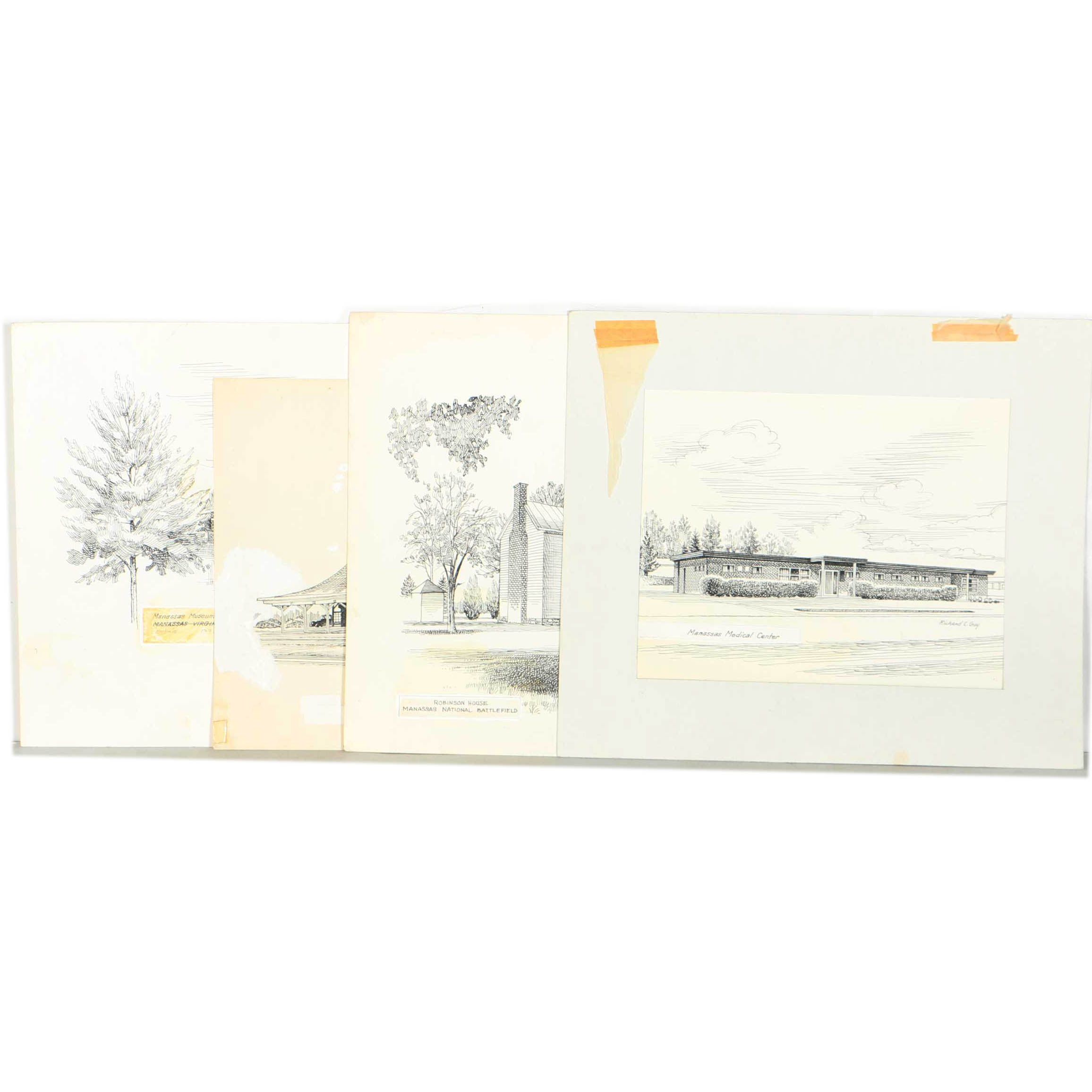 Richard C. Guy Ink Drawings of Various Manassas, VA Locations