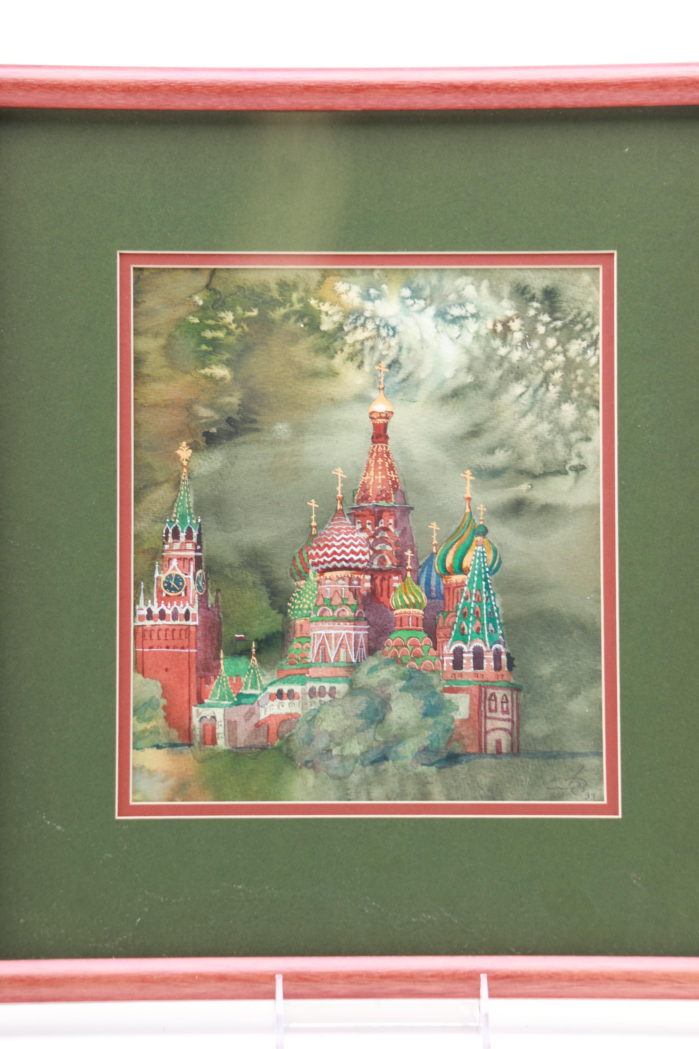 Mixed Media Painting on Paper of St. Basil's Cathedral in Moscow