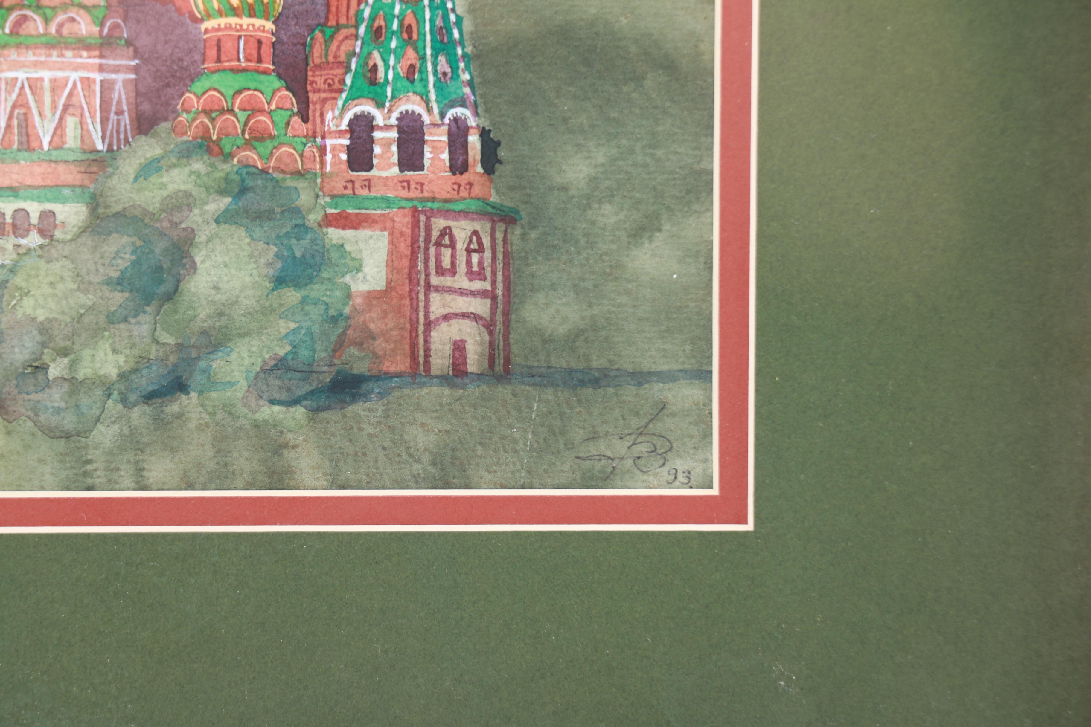 Mixed Media Painting on Paper of St. Basil's Cathedral in Moscow