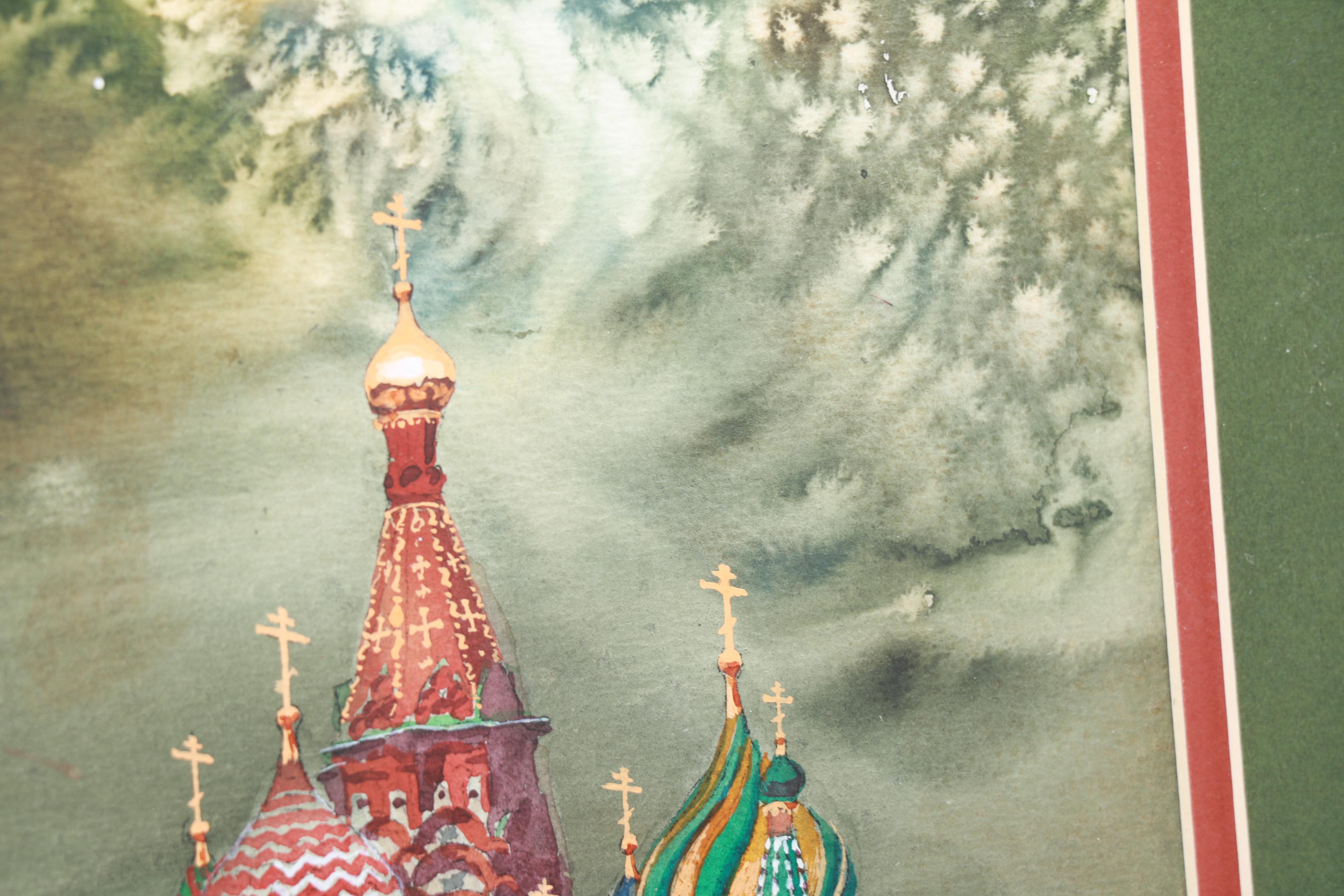 Mixed Media Painting on Paper of St. Basil's Cathedral in Moscow