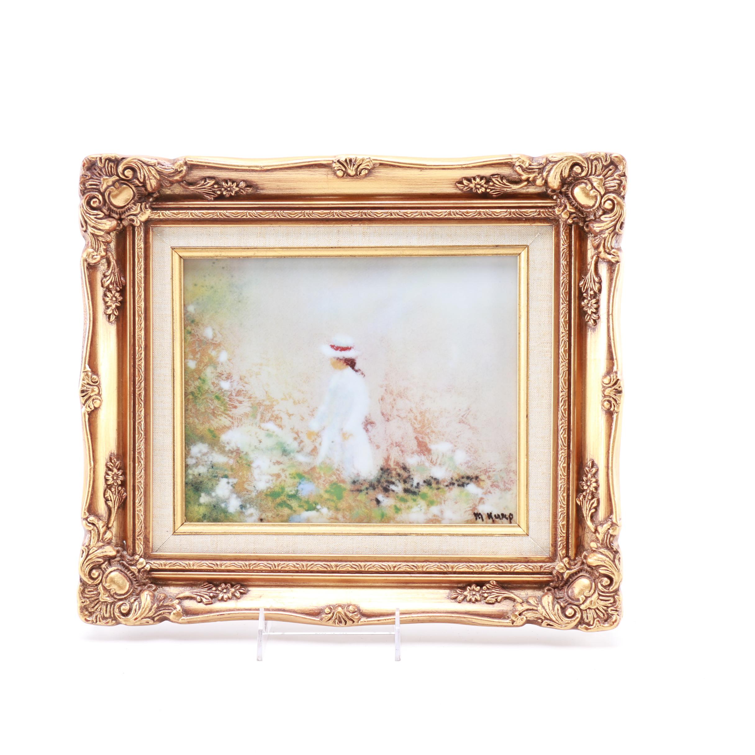 M. Kump Chromolithograph on Porcelain of Woman in a Field