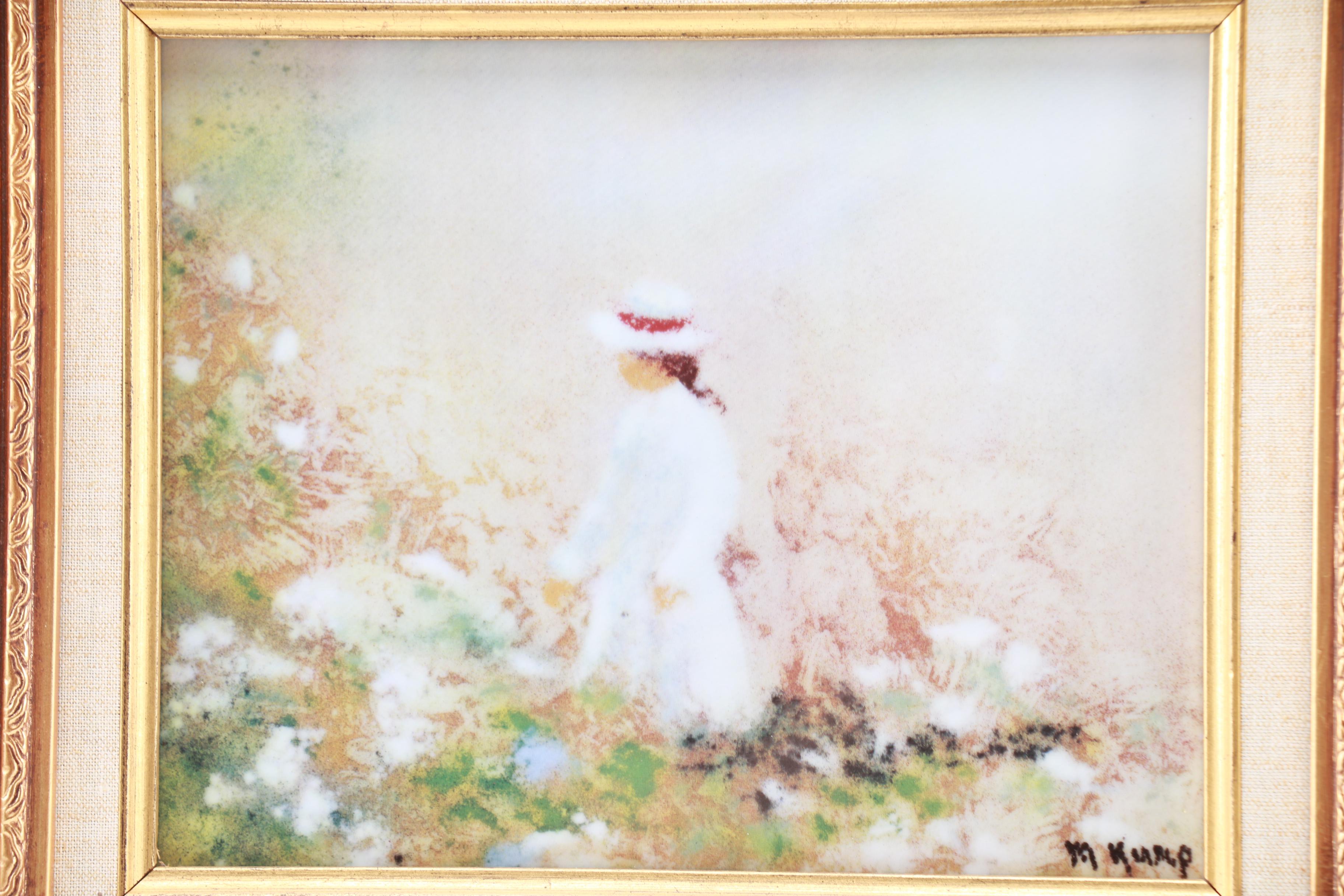 M. Kump Chromolithograph on Porcelain of Woman in a Field