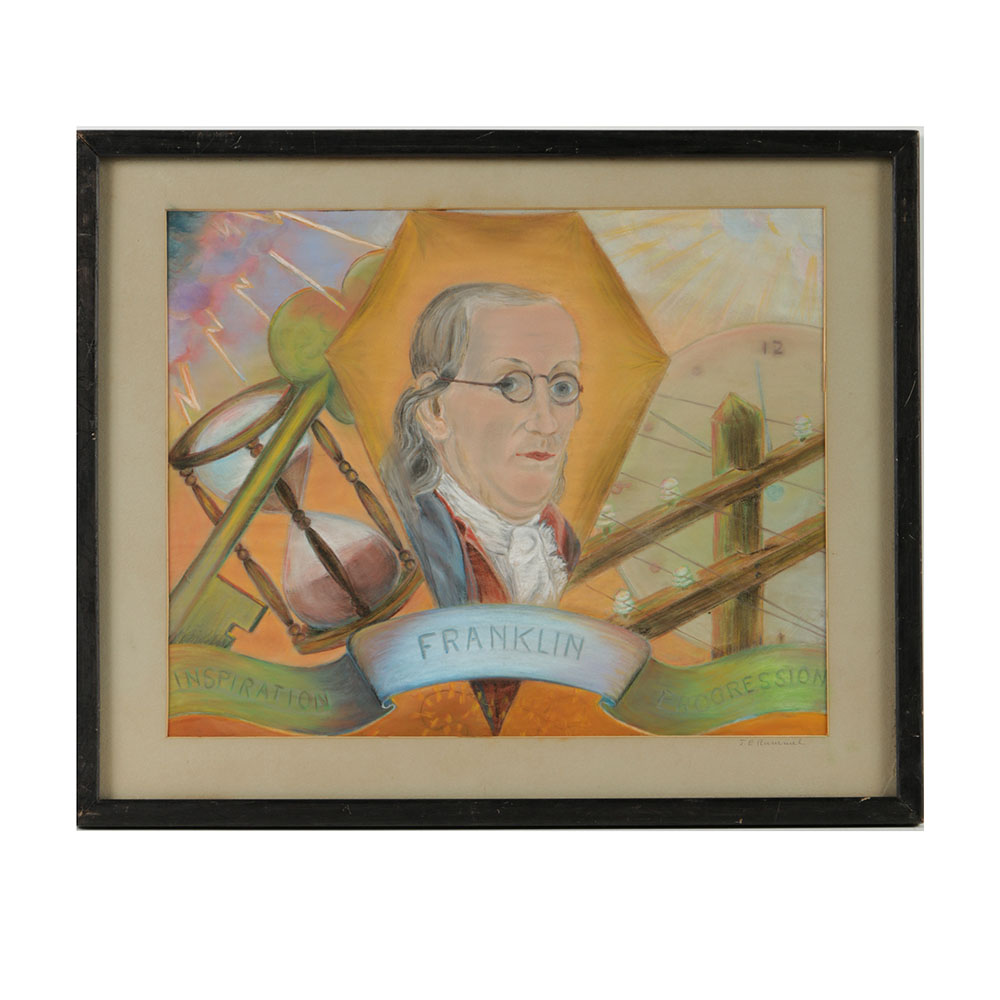 J. E Rummel Pastel Drawing on Paper of Benjamin Franklin