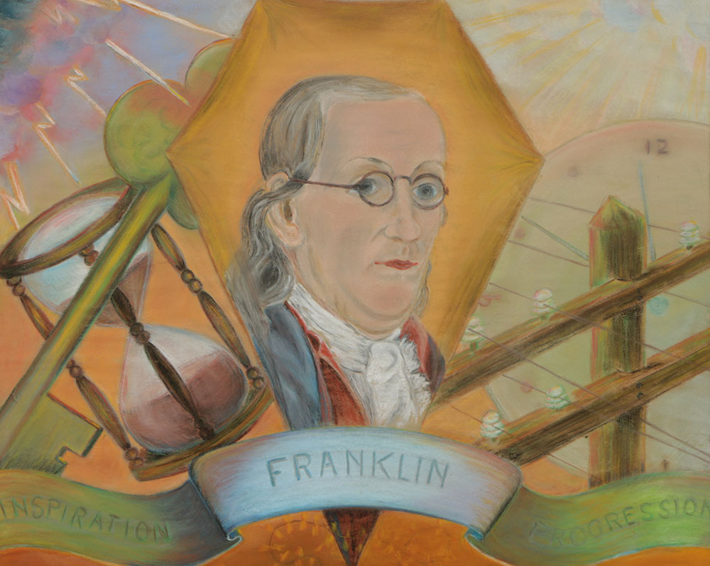 J. E Rummel Pastel Drawing on Paper of Benjamin Franklin