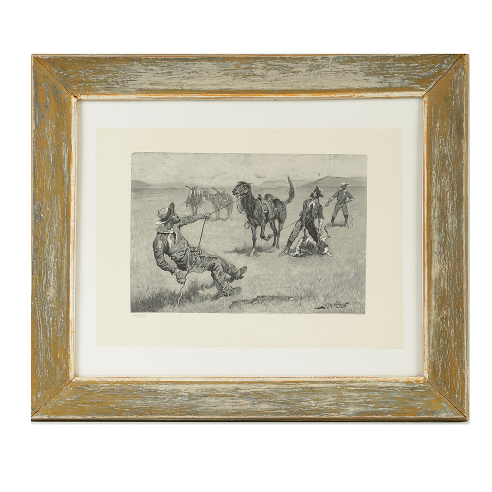Wood Engraving After Frederick Remington "Teaching a Mustang..."