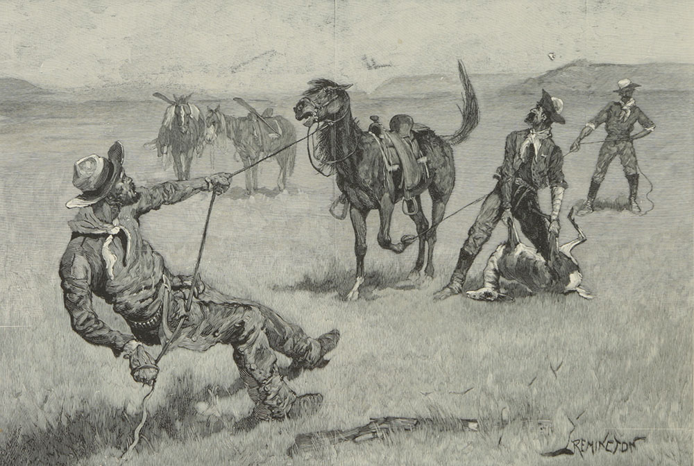 Wood Engraving After Frederick Remington "Teaching a Mustang..."