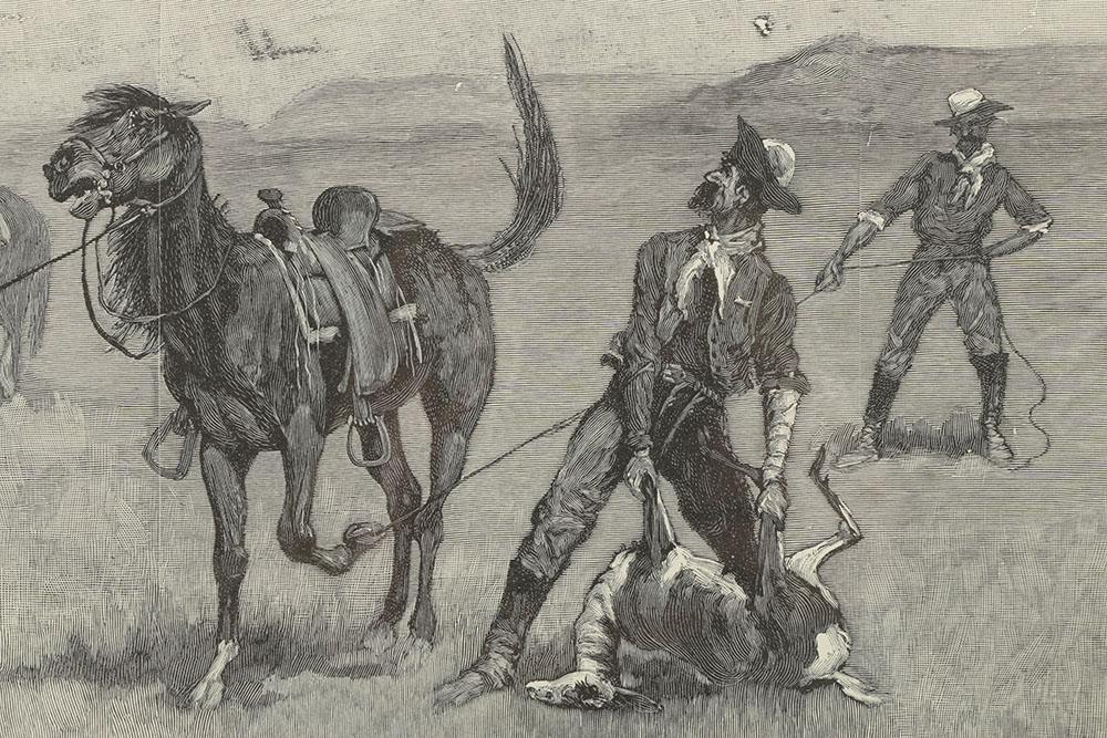 Wood Engraving After Frederick Remington "Teaching a Mustang..."