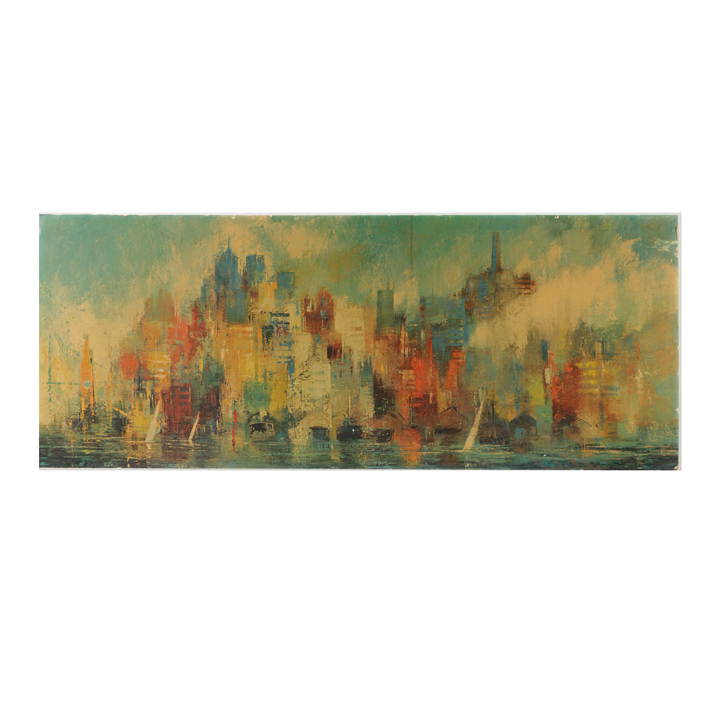 After Jack Laycox Offset Lithograph on Cardboard "Cityscape with Boats"