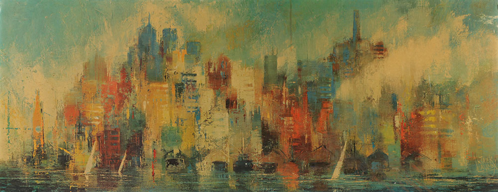 After Jack Laycox Offset Lithograph on Cardboard "Cityscape with Boats"