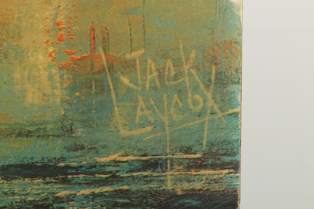 After Jack Laycox Offset Lithograph on Cardboard "Cityscape with Boats"