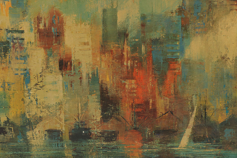 After Jack Laycox Offset Lithograph on Cardboard "Cityscape with Boats"