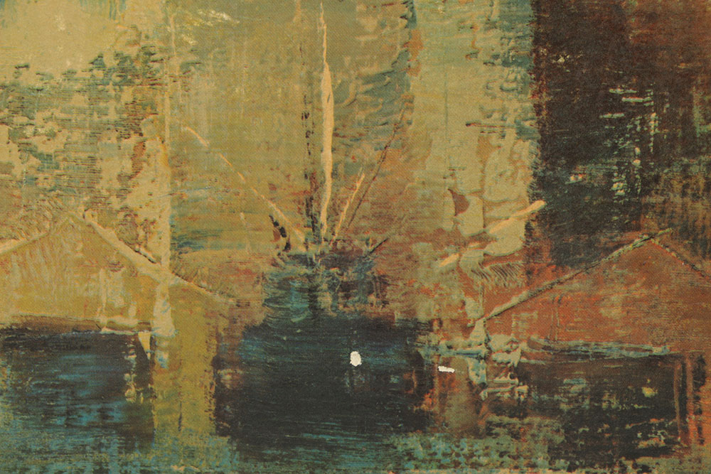 After Jack Laycox Offset Lithograph on Cardboard "Cityscape with Boats"