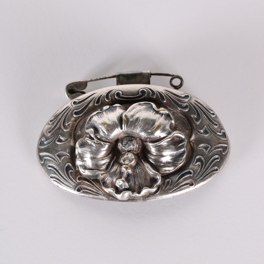 Silver Plate Brooch With Blossom in Deep Relief