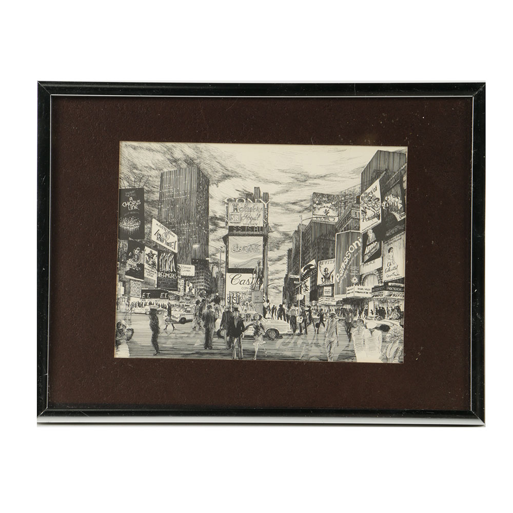 After Delbart Duchein Lithograph on Paper "Manhattan-Times Square"