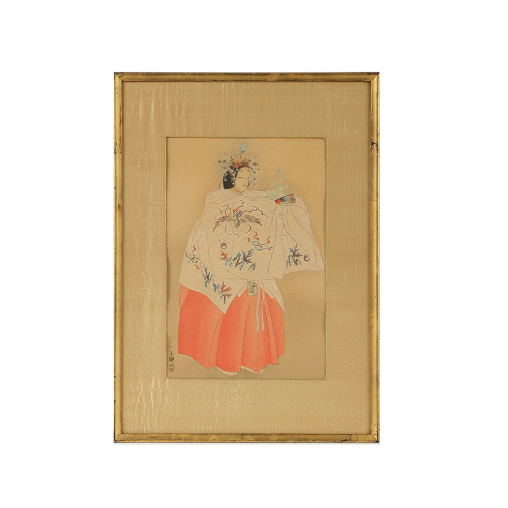 Japanese Watercolor and Ink on Paper of a Noh Performer as Seiōbo, Queen Mother of the West