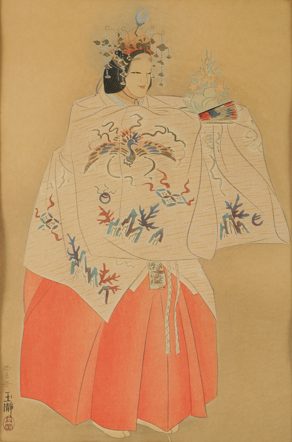 Japanese Watercolor and Ink on Paper of a Noh Performer as Seiōbo, Queen Mother of the West