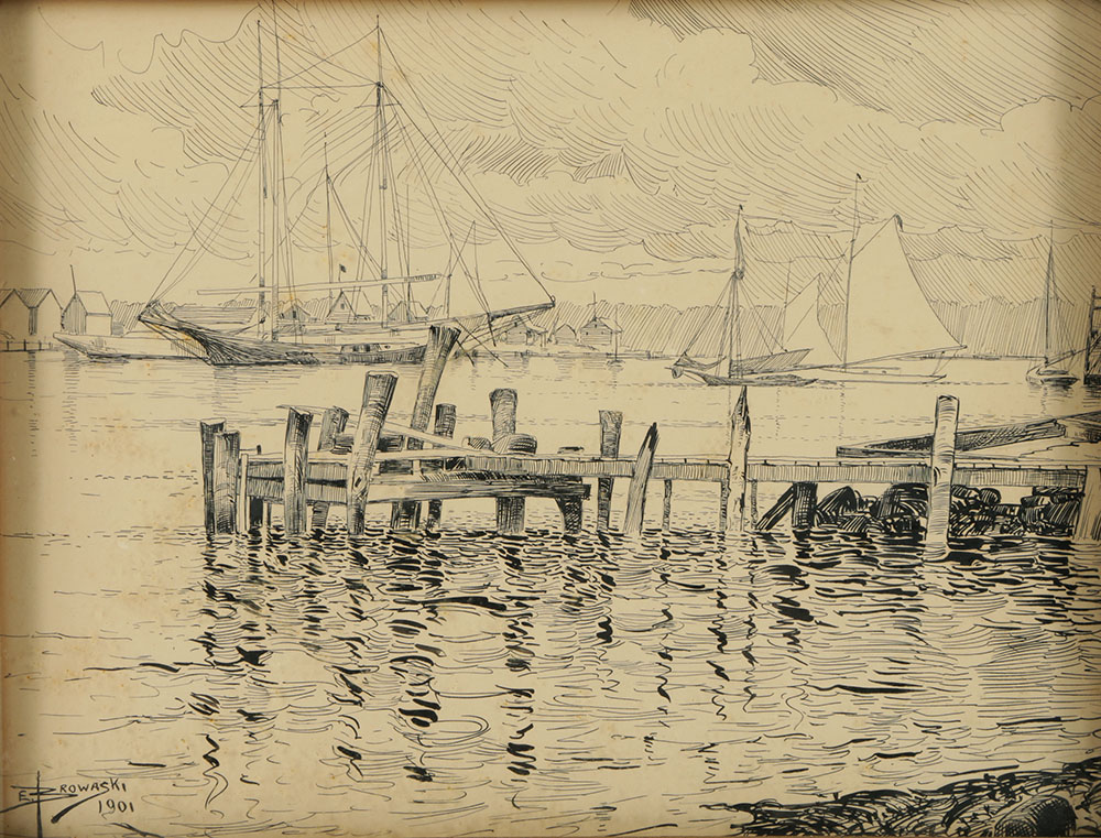 Edward Browaski Ink Drawing on Paper of Marine Scene