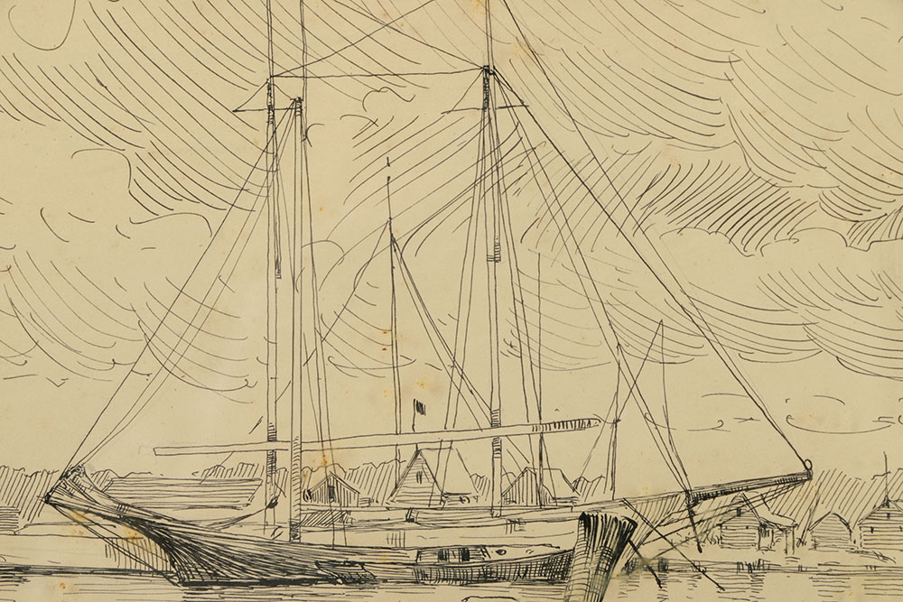 Edward Browaski Ink Drawing on Paper of Marine Scene