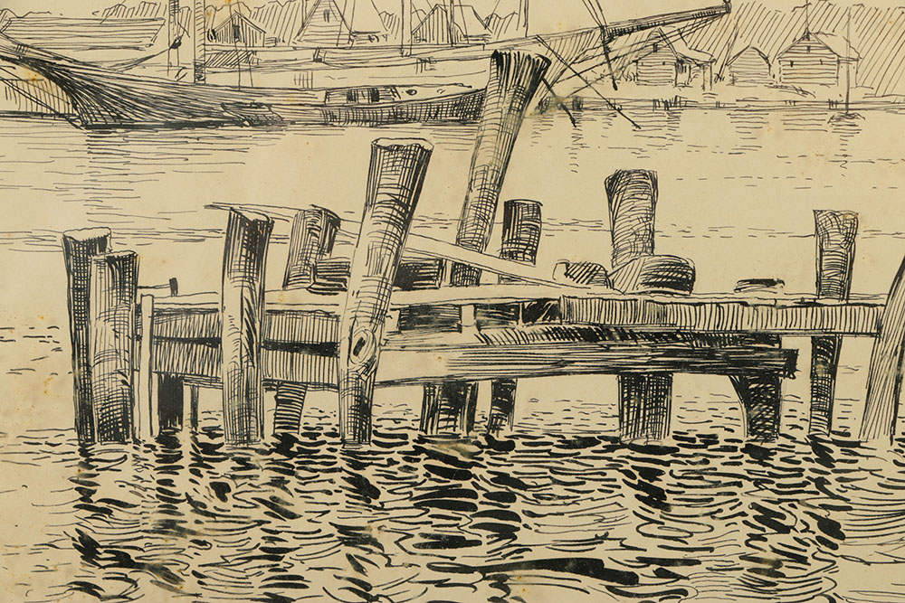 Edward Browaski Ink Drawing on Paper of Marine Scene
