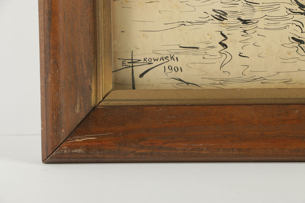 Edward Browaski Ink Drawing on Paper of Marine Scene