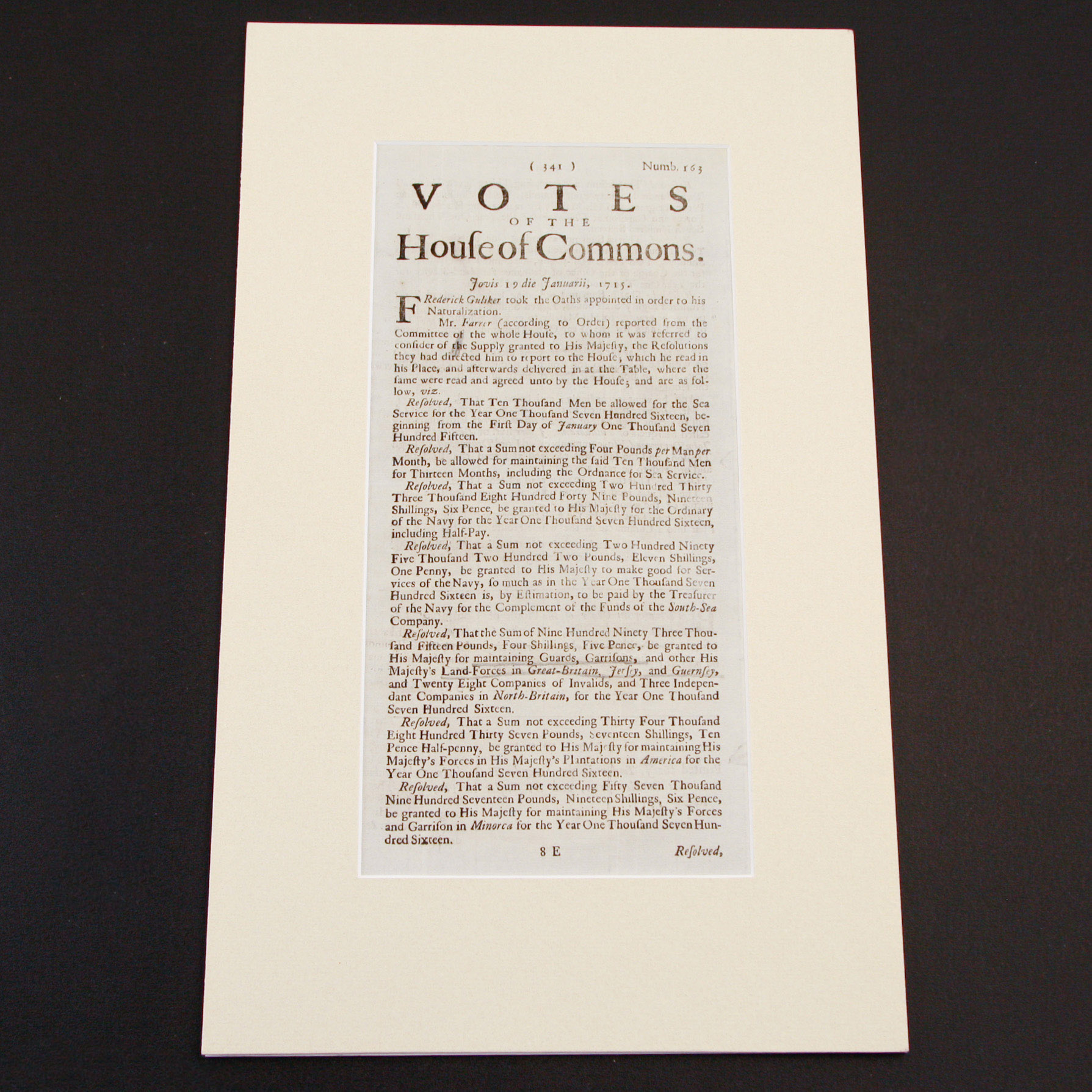 1715 Folio Documenting the Votes of the House of Commons Regarding Related Jacobite Uprising