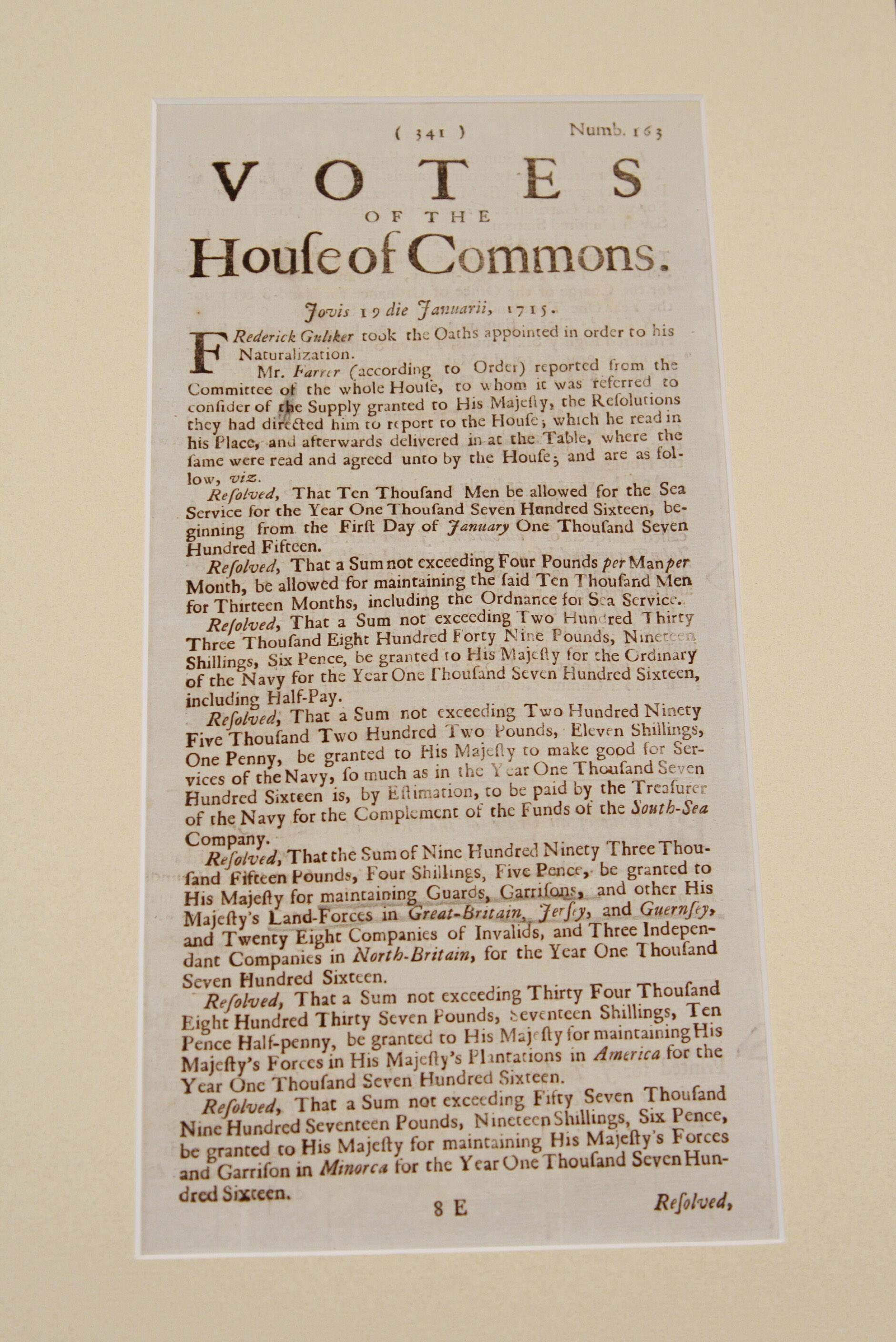 1715 Folio Documenting the Votes of the House of Commons Regarding Related Jacobite Uprising