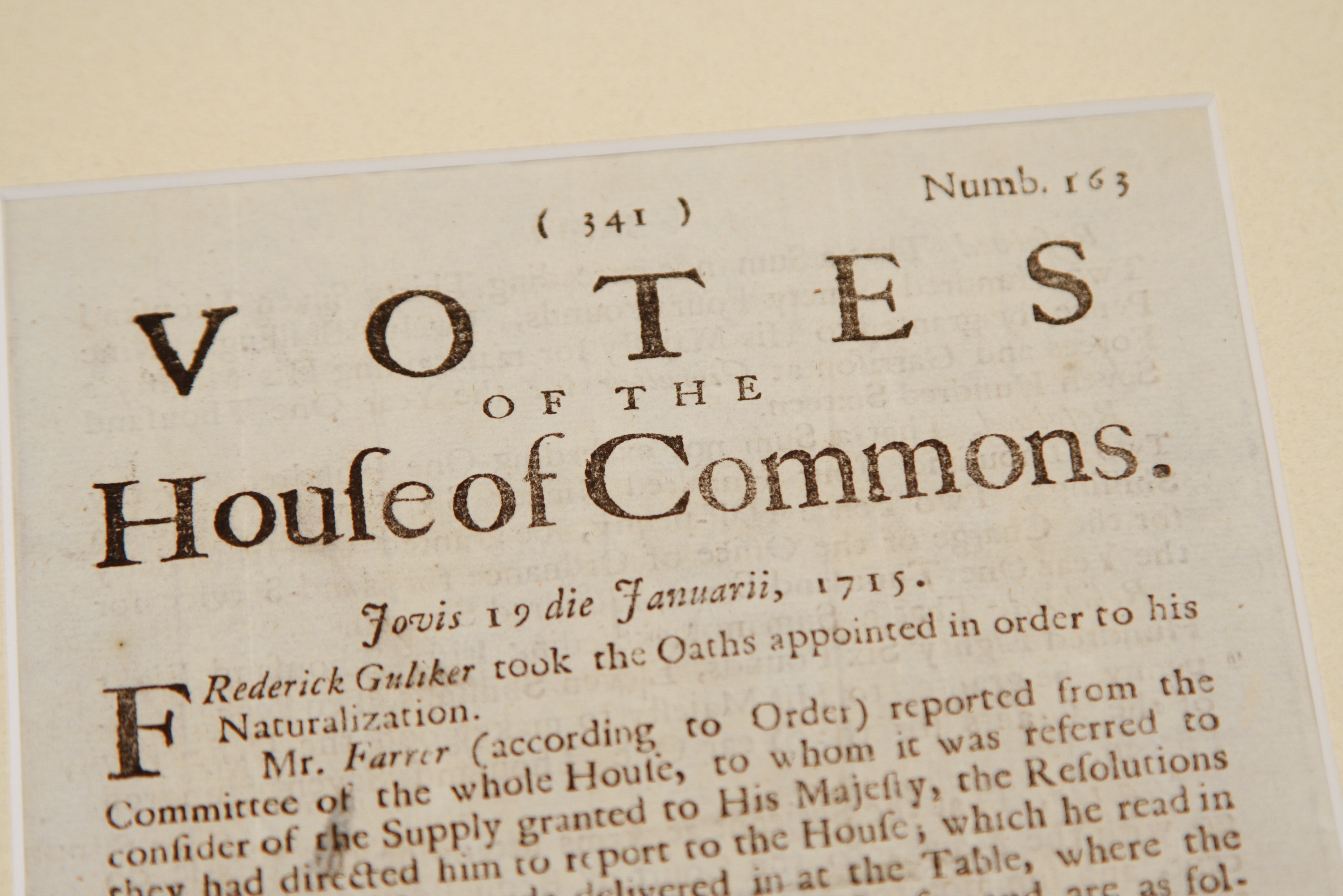 1715 Folio Documenting the Votes of the House of Commons Regarding Related Jacobite Uprising