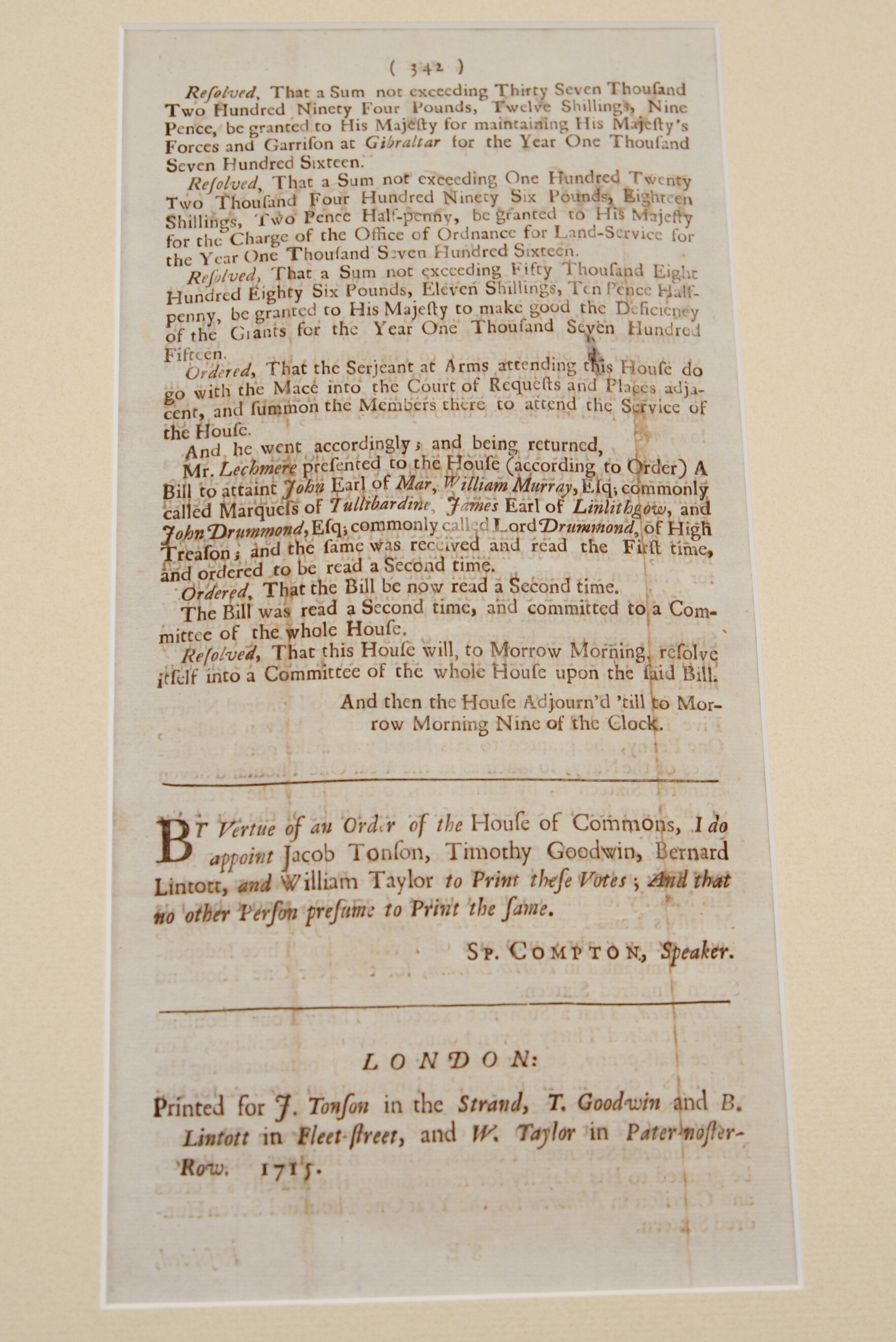 1715 Folio Documenting the Votes of the House of Commons Regarding Related Jacobite Uprising