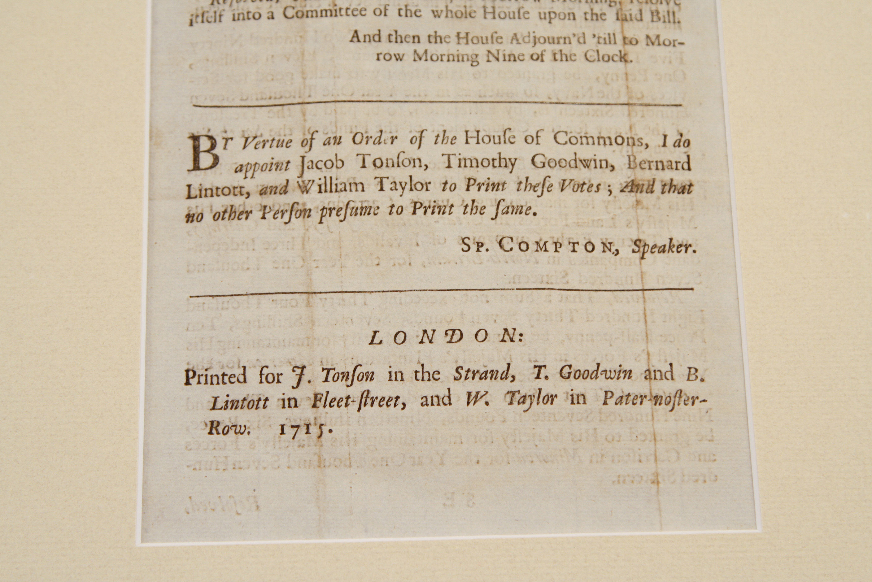 1715 Folio Documenting the Votes of the House of Commons Regarding Related Jacobite Uprising