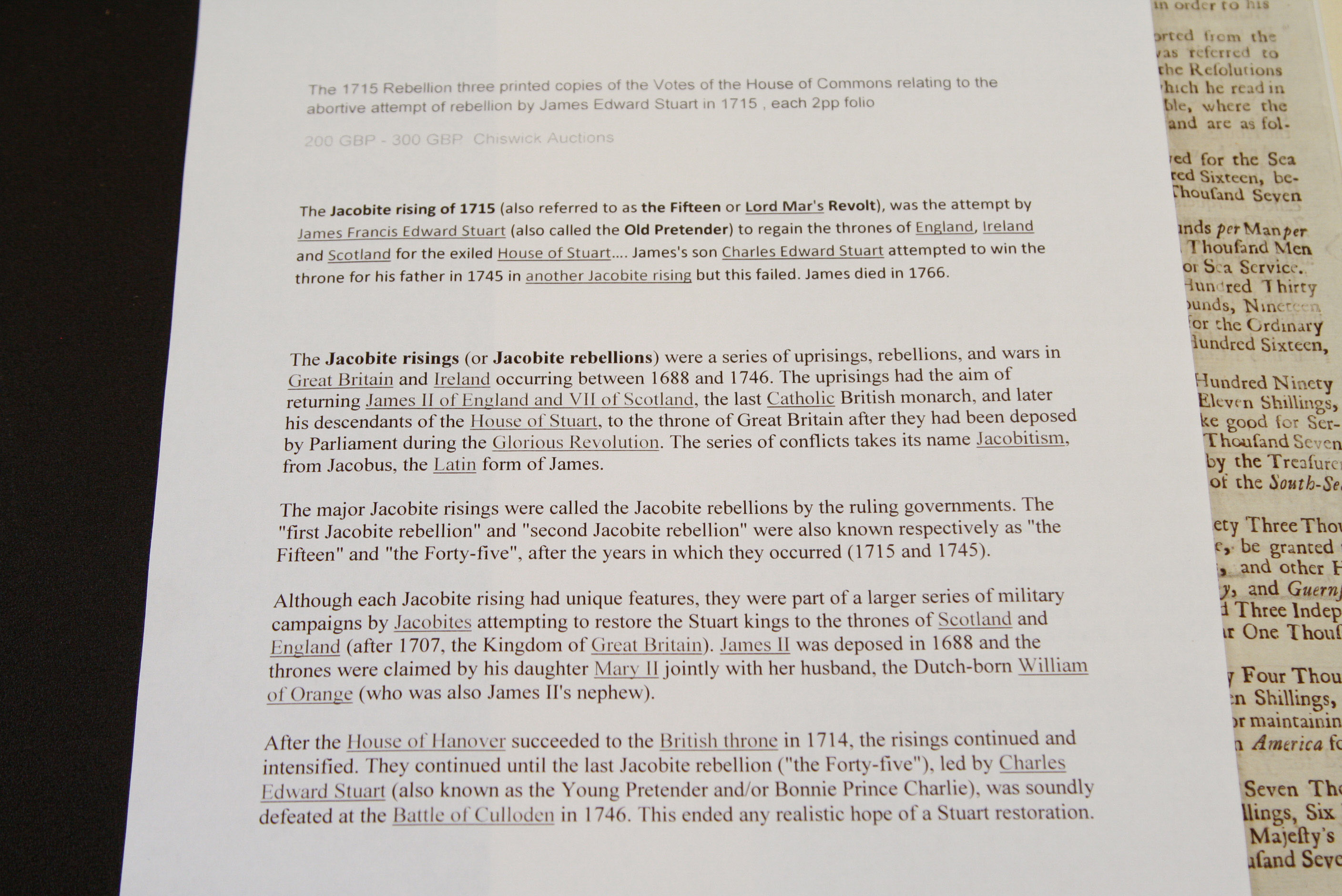 1715 Folio Documenting the Votes of the House of Commons Regarding Related Jacobite Uprising