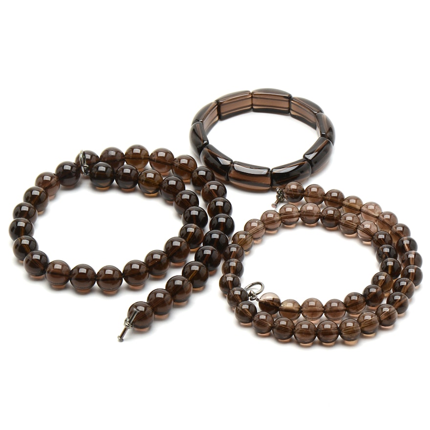 Smoky Quartz Beaded Necklaces and Stretch Bracelet
