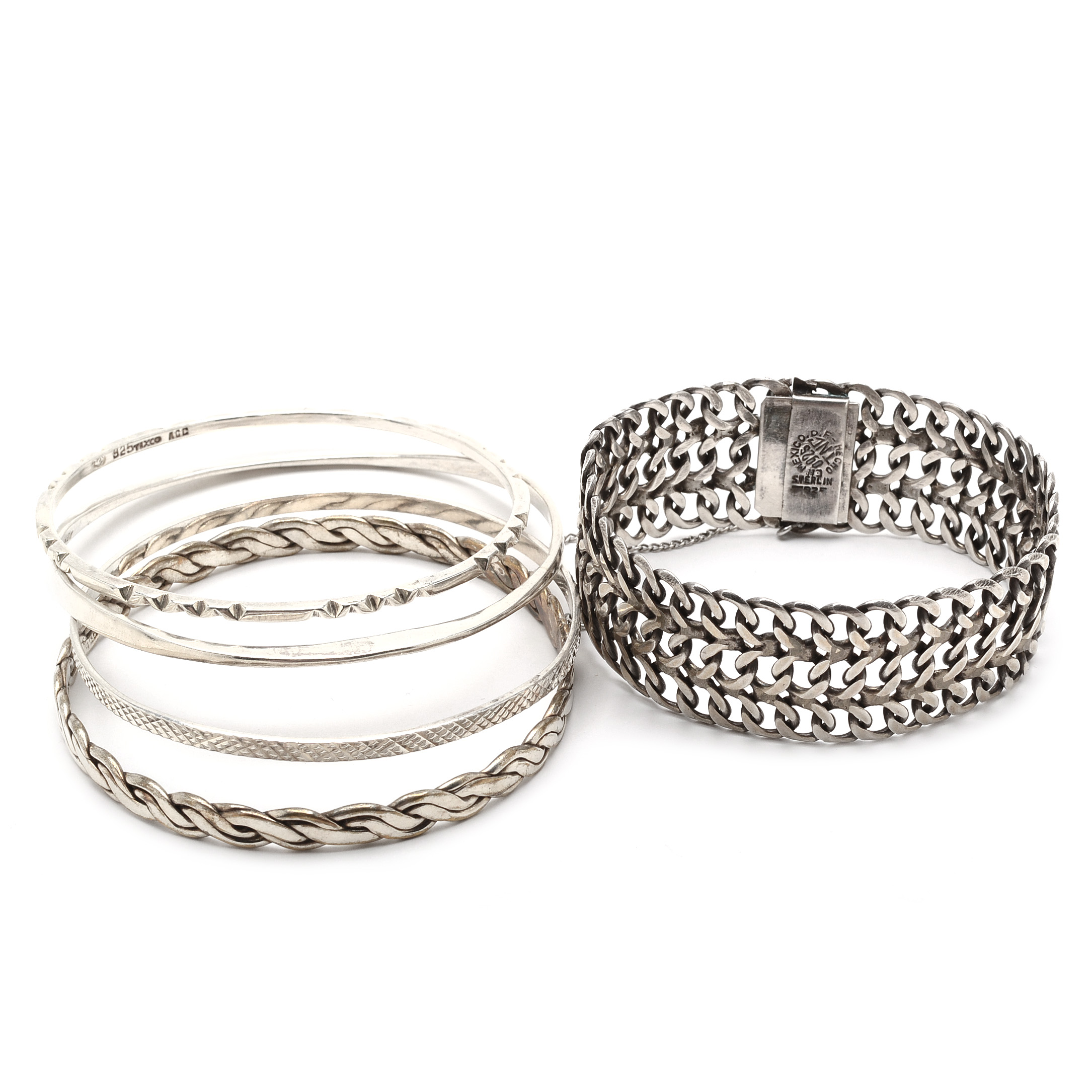 Vintage Mexican Sterling Wide Weave and Bangle Bracelets