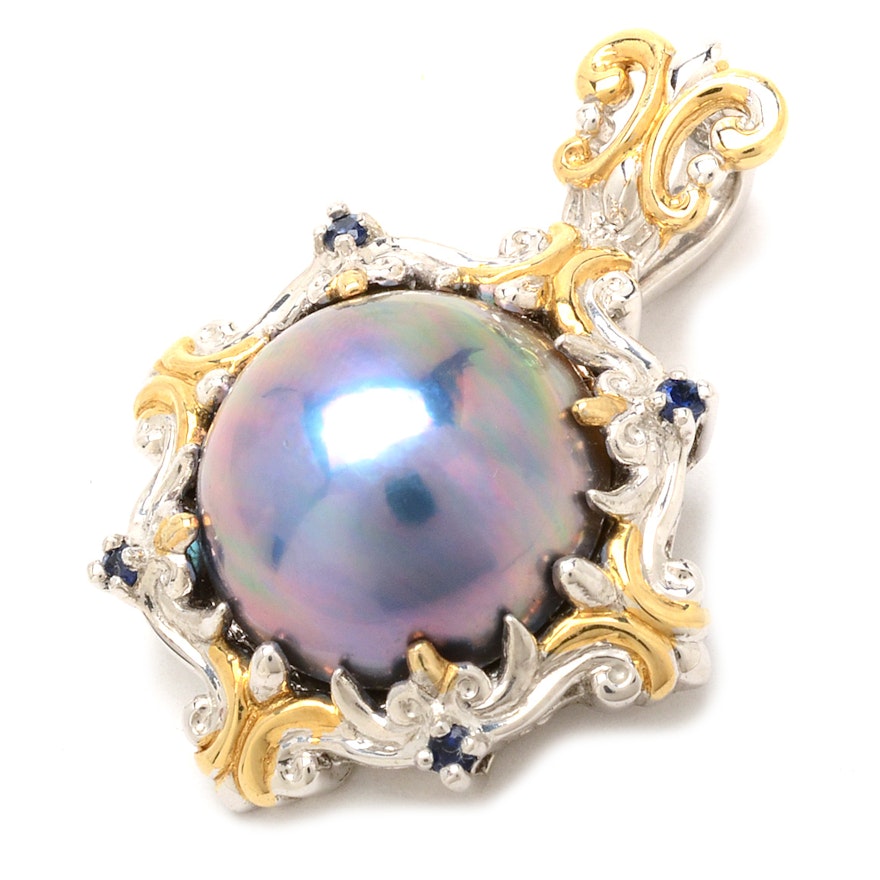Sterling Silver Mabe Pearl and Sapphire Enhancer Pendant