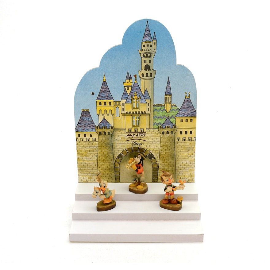 Disney Character ANRI Woodcarvings With Display Stand