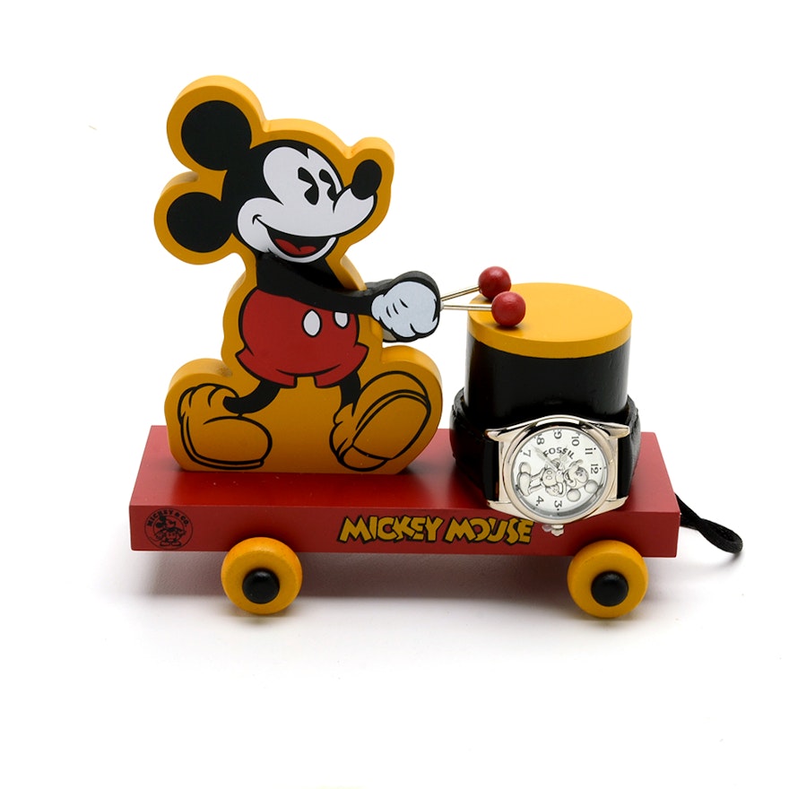Fossil Mickey Mouse Watch With Collectible Wooden Pull Toy Drum