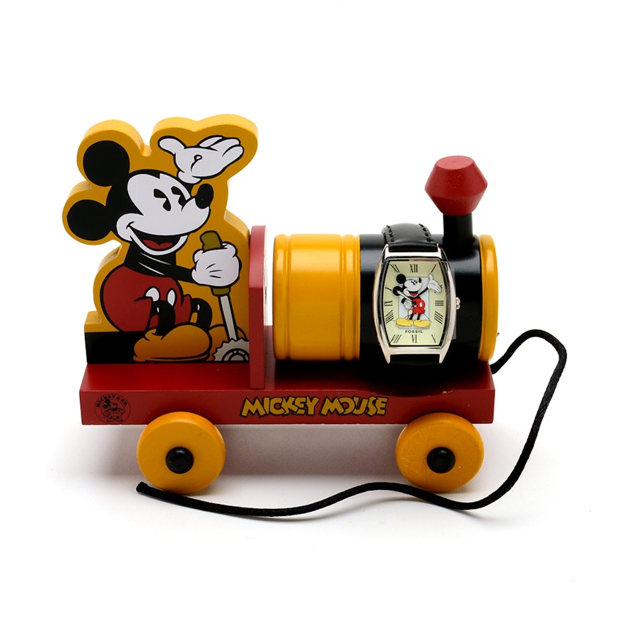 Fossil Mickey Mouse Watch With Collectible Wooden Toy Train