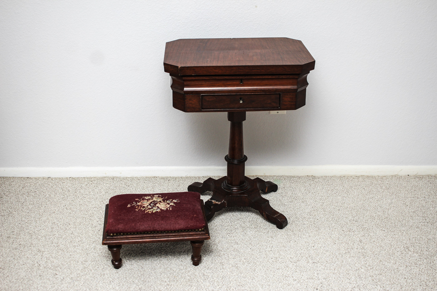 Antique Sewing Table with Embroidered Foot Stool