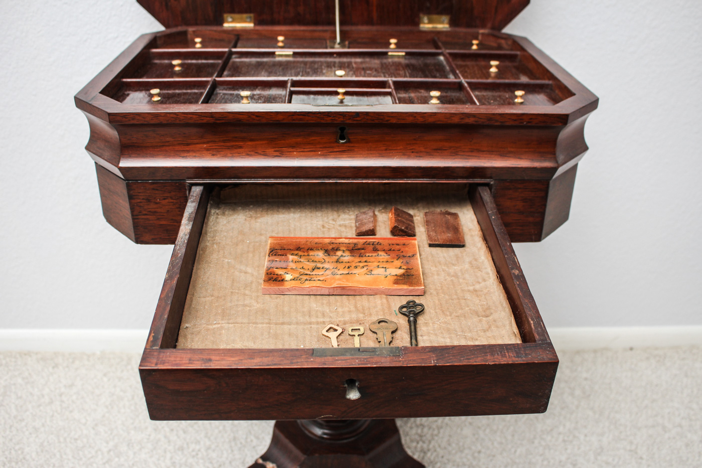 Antique Sewing Table with Embroidered Foot Stool