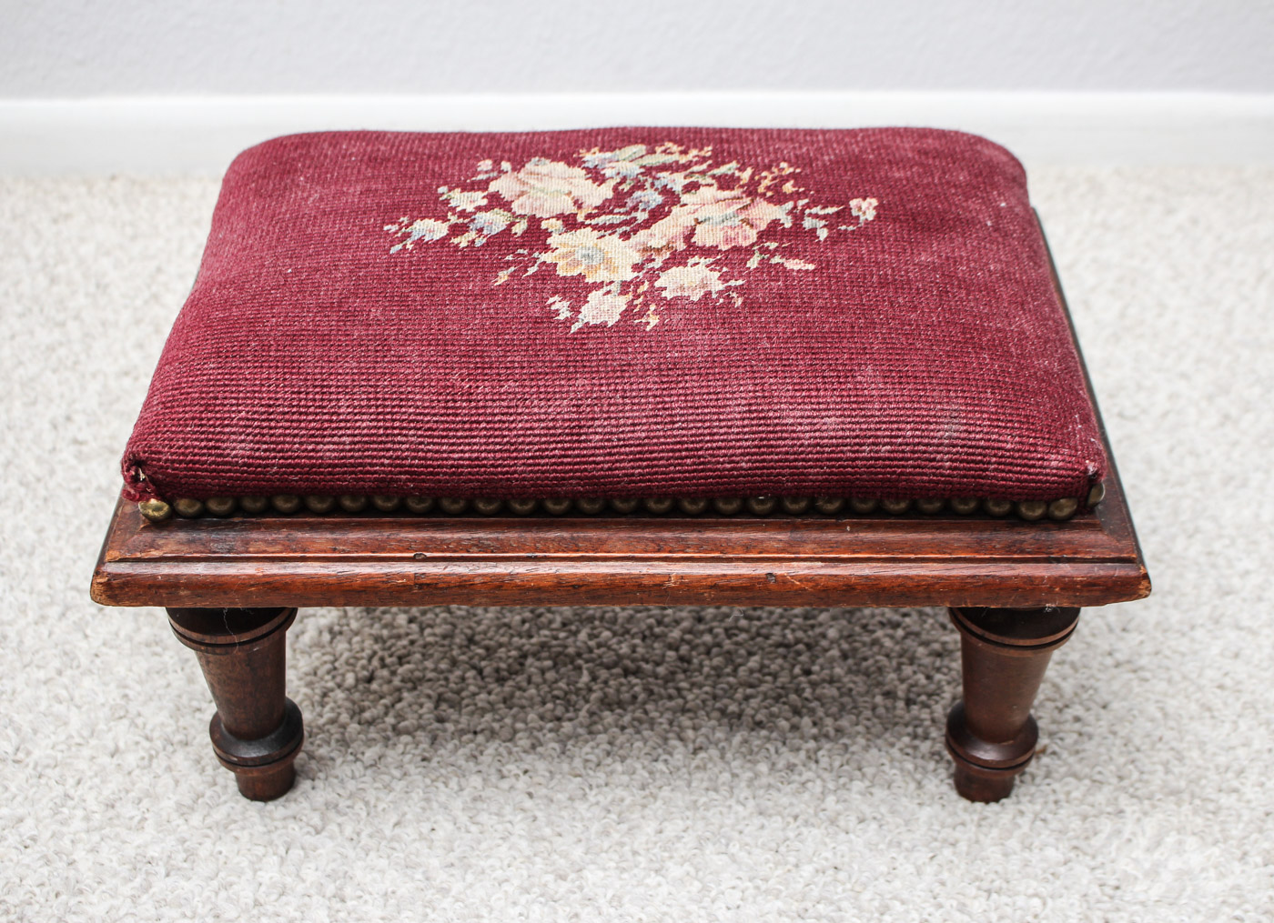 Antique Sewing Table with Embroidered Foot Stool
