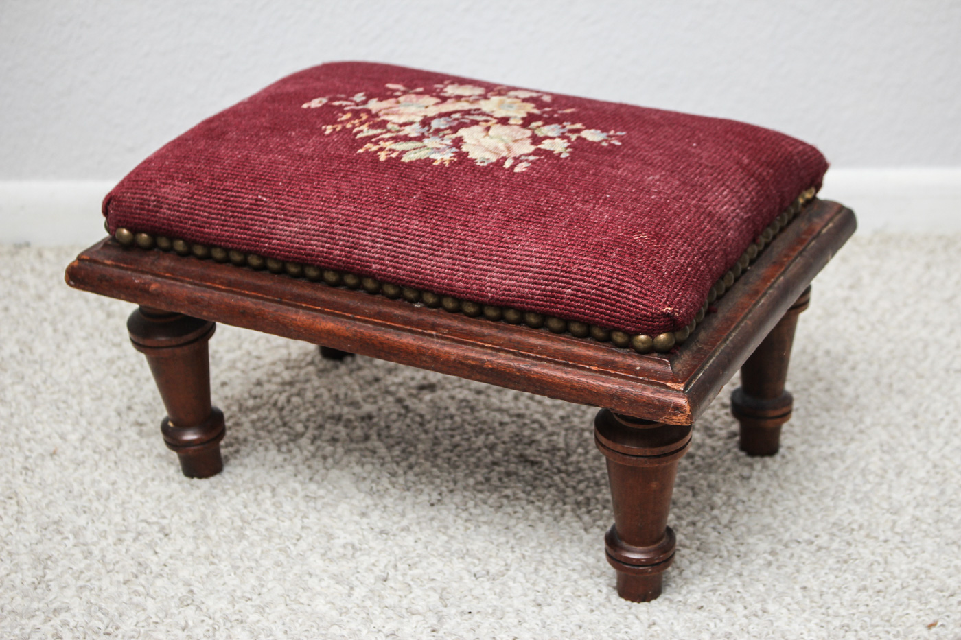 Antique Sewing Table with Embroidered Foot Stool