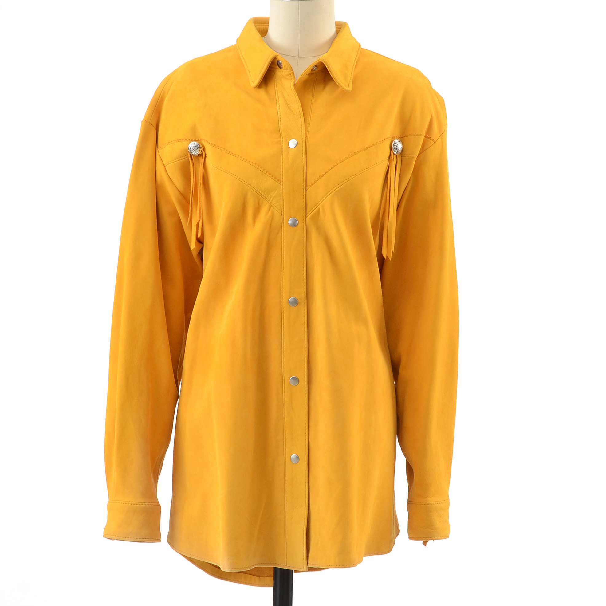 Positano Pelle Saffron Yellow Suede Leather Western Dress Snap Front Shirt Jacket