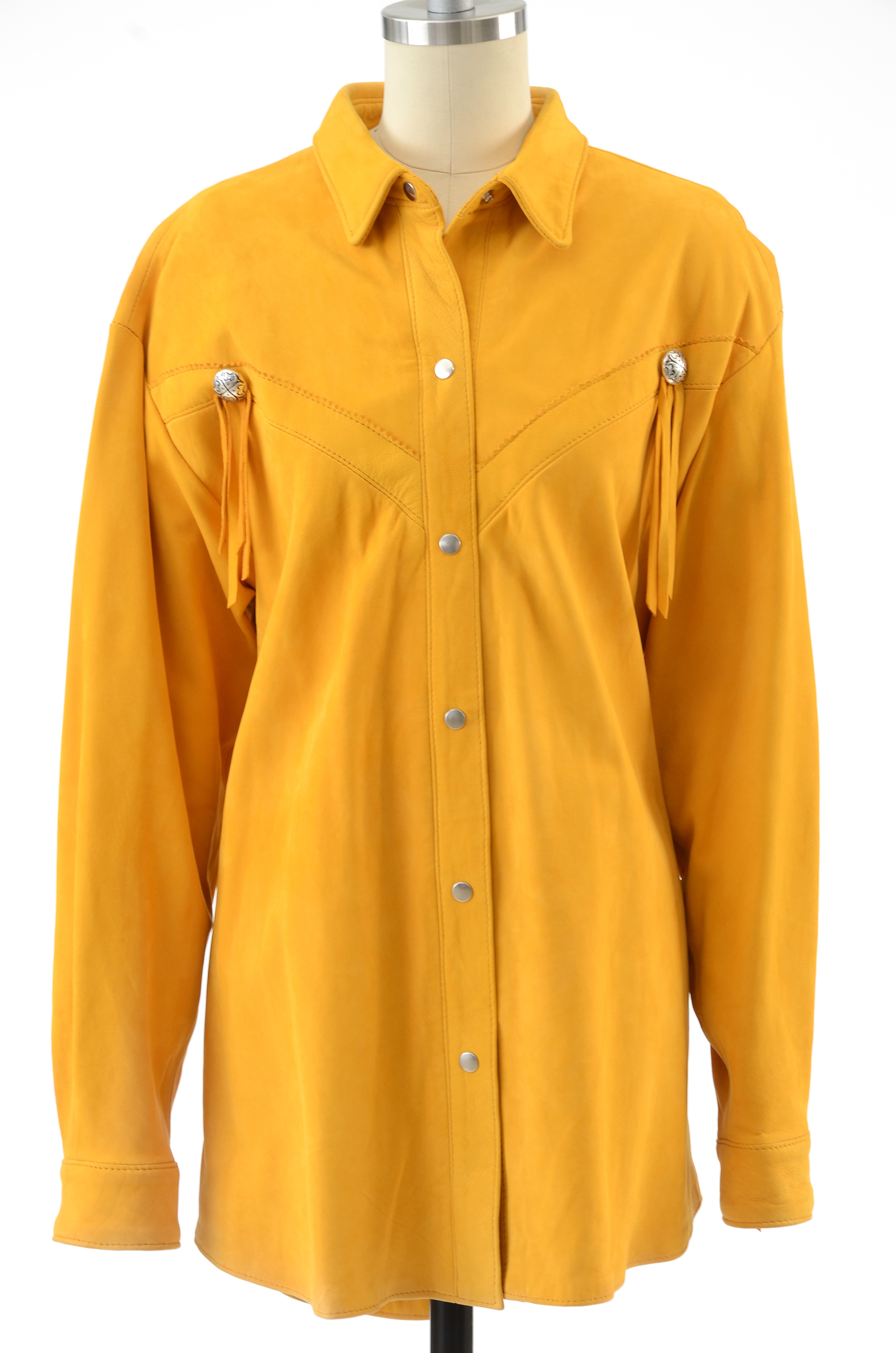 Positano Pelle Saffron Yellow Suede Leather Western Dress Snap Front Shirt Jacket