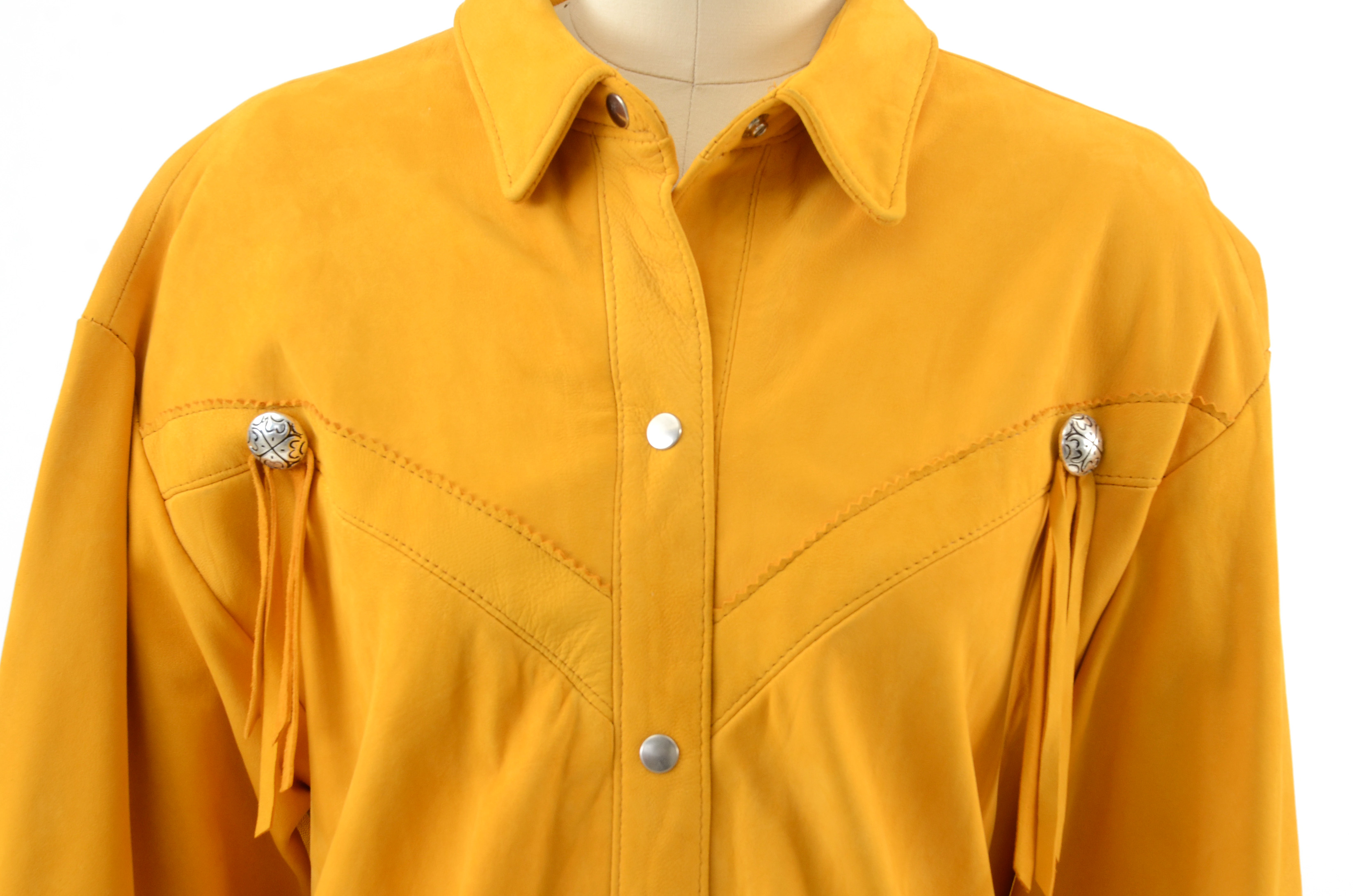 Positano Pelle Saffron Yellow Suede Leather Western Dress Snap Front Shirt Jacket