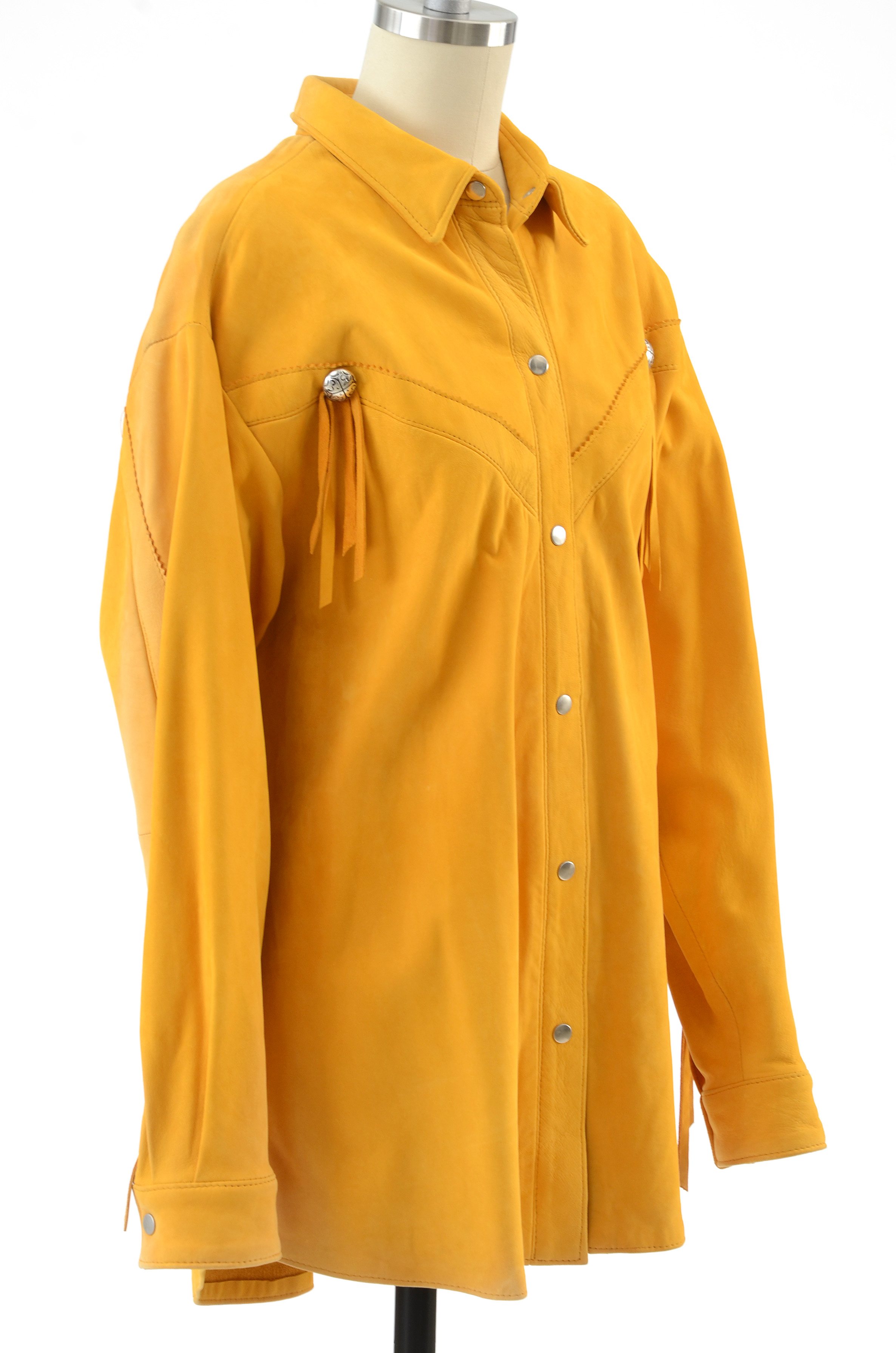 Positano Pelle Saffron Yellow Suede Leather Western Dress Snap Front Shirt Jacket