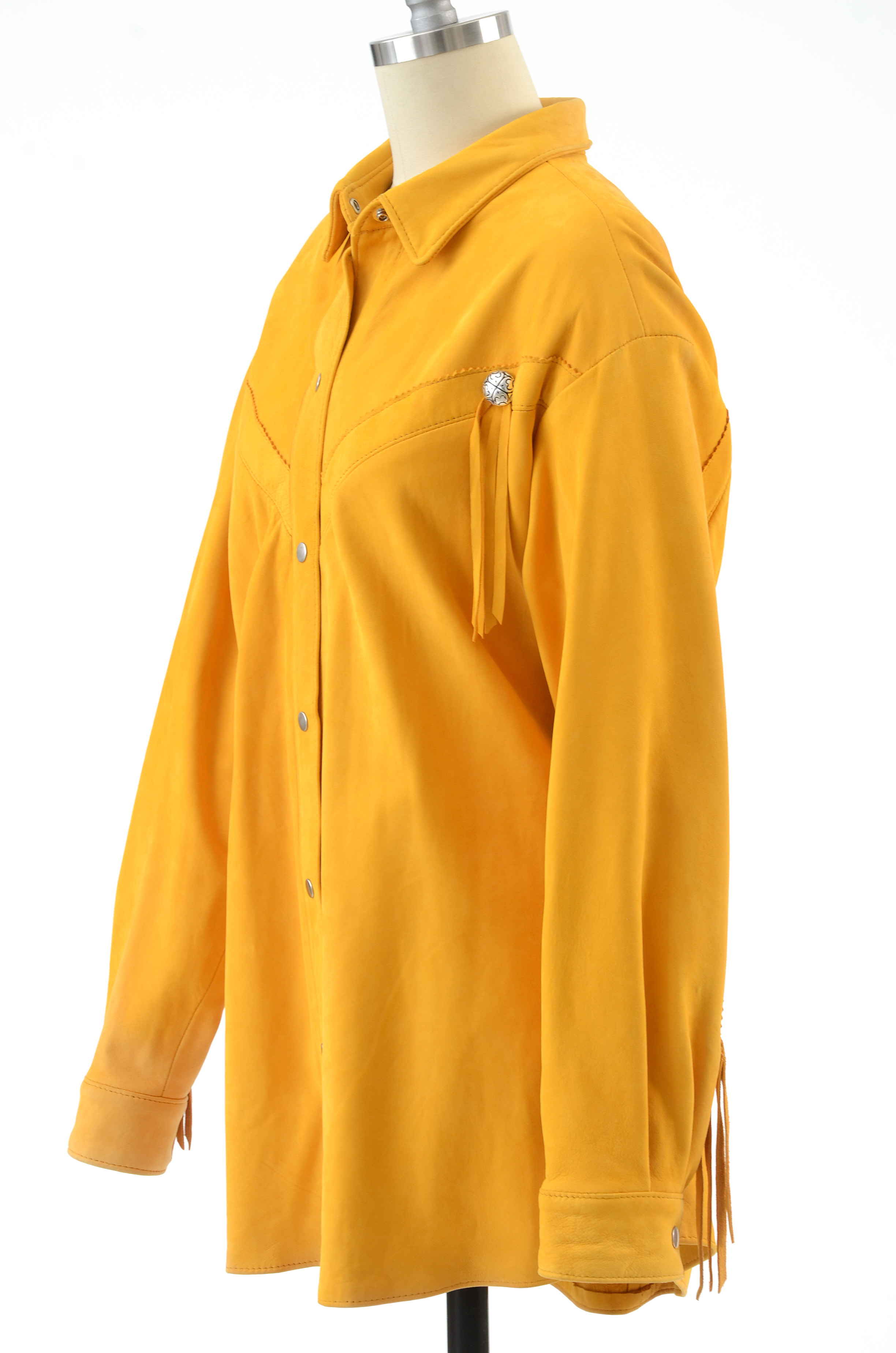 Positano Pelle Saffron Yellow Suede Leather Western Dress Snap Front Shirt Jacket