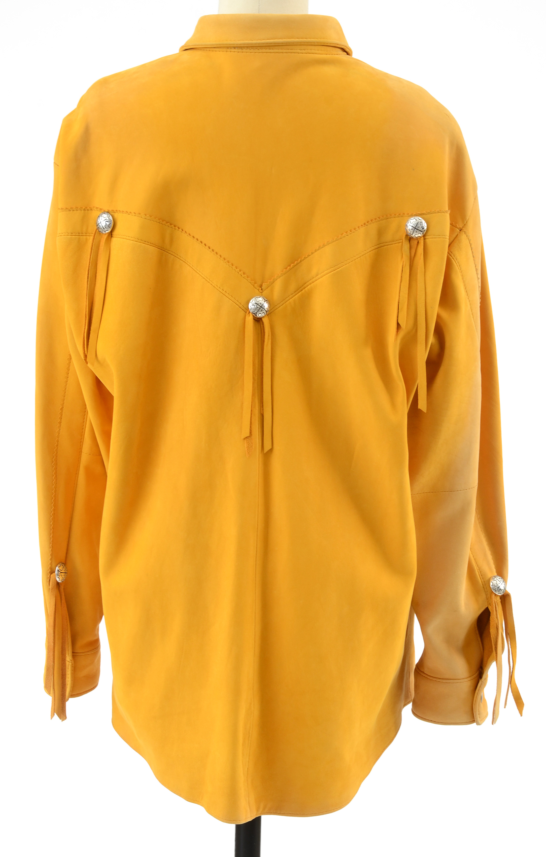Positano Pelle Saffron Yellow Suede Leather Western Dress Snap Front Shirt Jacket