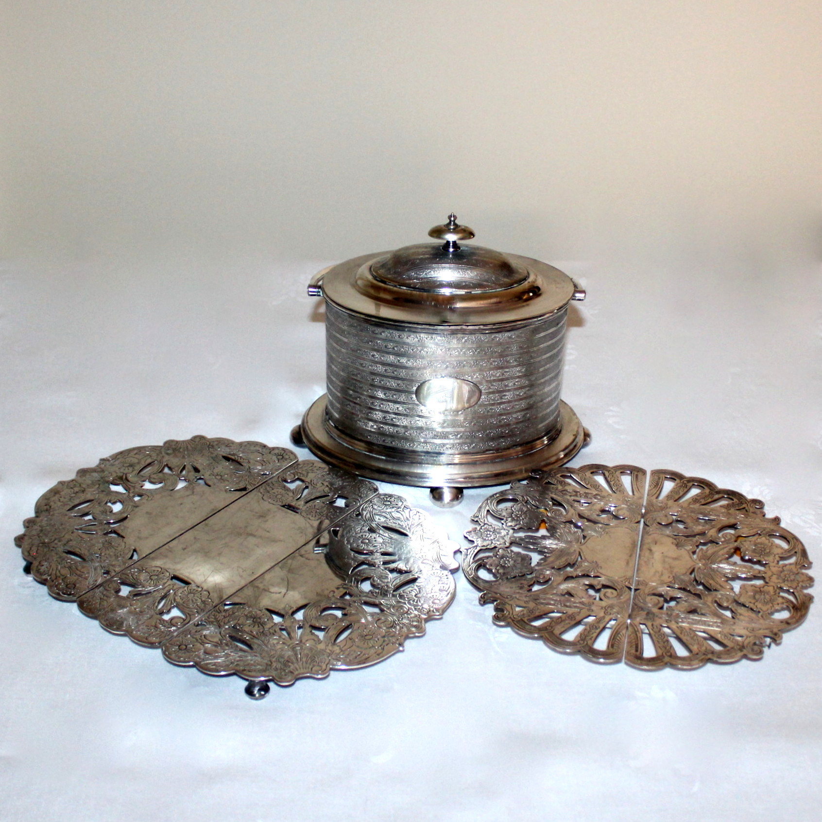 Victorian Biscuit Box and Two Vintage Expandable Trivets